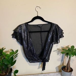 [Miss Selfridge] Sparkly Gray Tie-Front Blouse